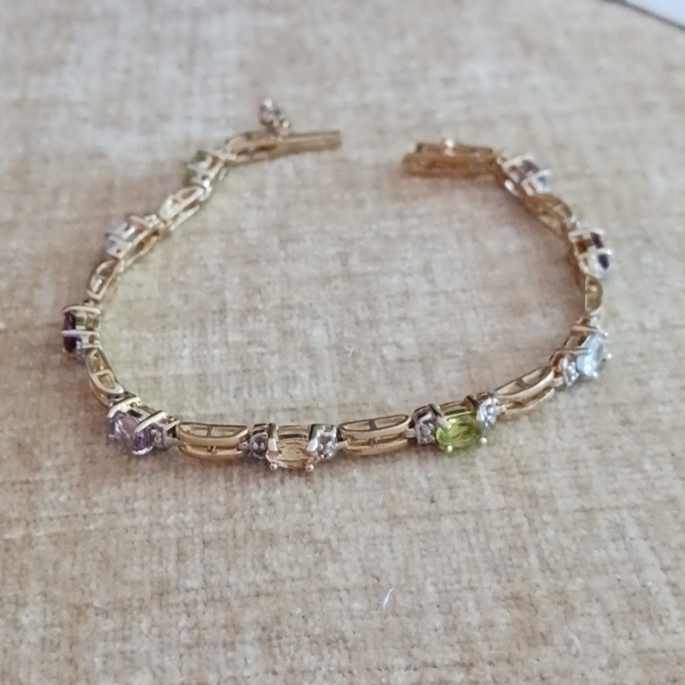 FAS 925 Gold Multi Colored Rhinestone Link Bracelet - Picture 6 of 7